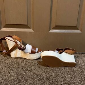 Brown and White Wedge Sandals